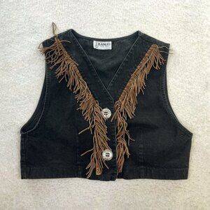Vintage Banjo Dallas Texas Vest Black Denim String Fringe Western Vest